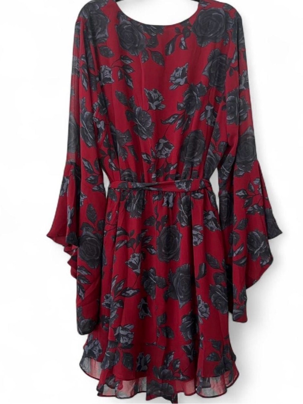 Like New City Chic Plus Size 16 Red Mini Dress with Grey and Black Rose Print - Picture 3 of 12